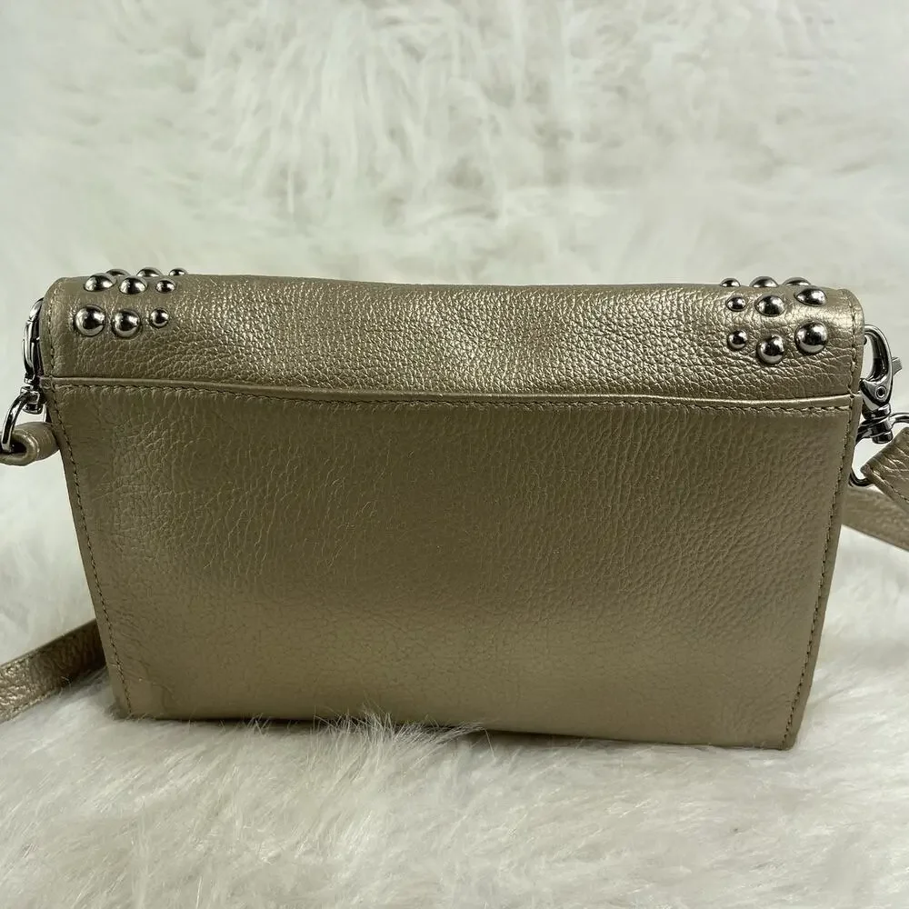 GRACE ADELE Gold Leather Clutch With Leather Flower Crossbody Style